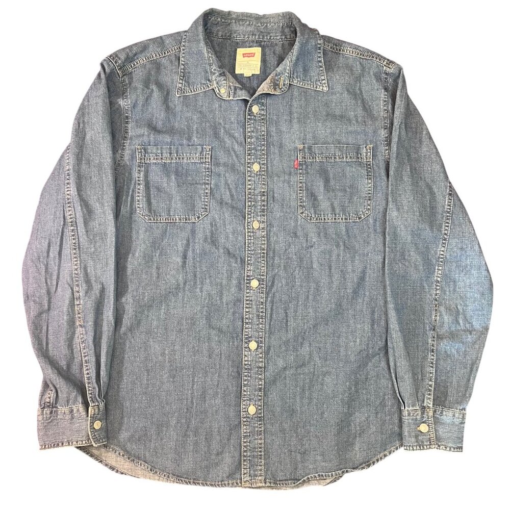Mens Levis Blue Denim Button-Up Shirt XL 100% Cotton Long Sleeve Western Style